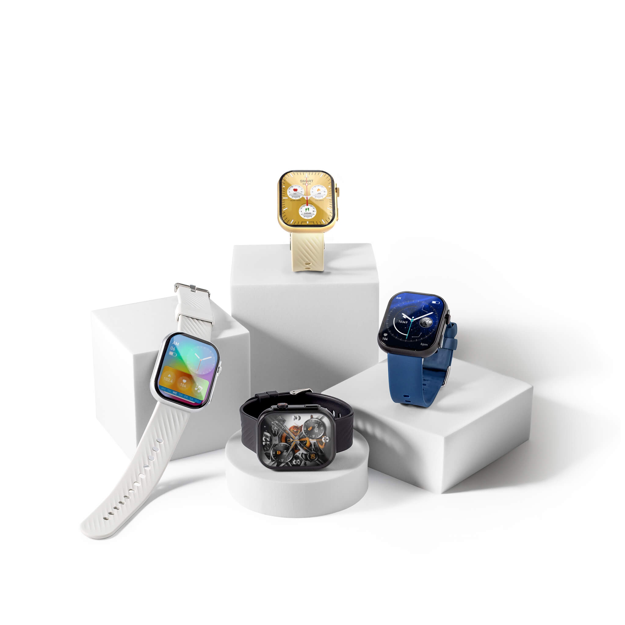 all four colors of prime smartwatches in a plain background on blocks.