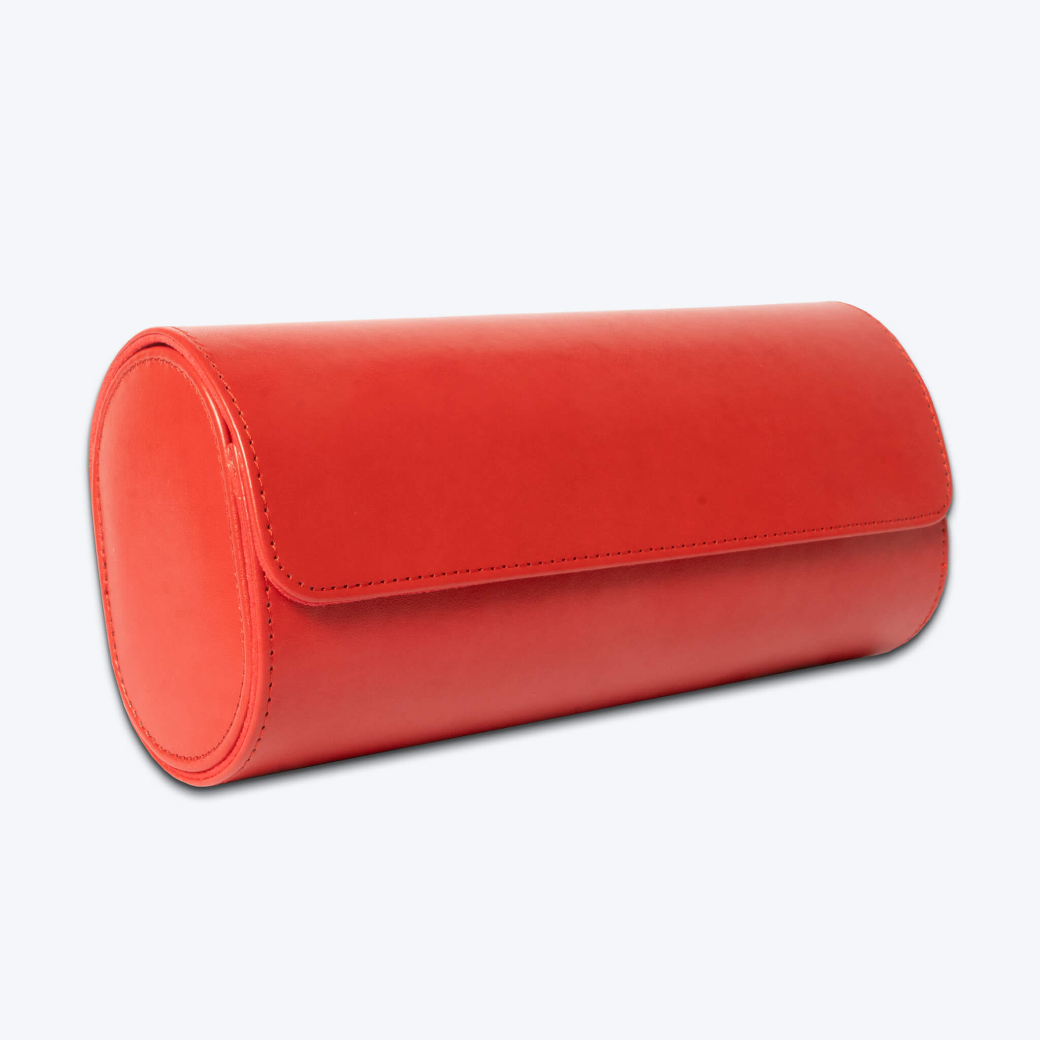 side front view of red leather watch roll.