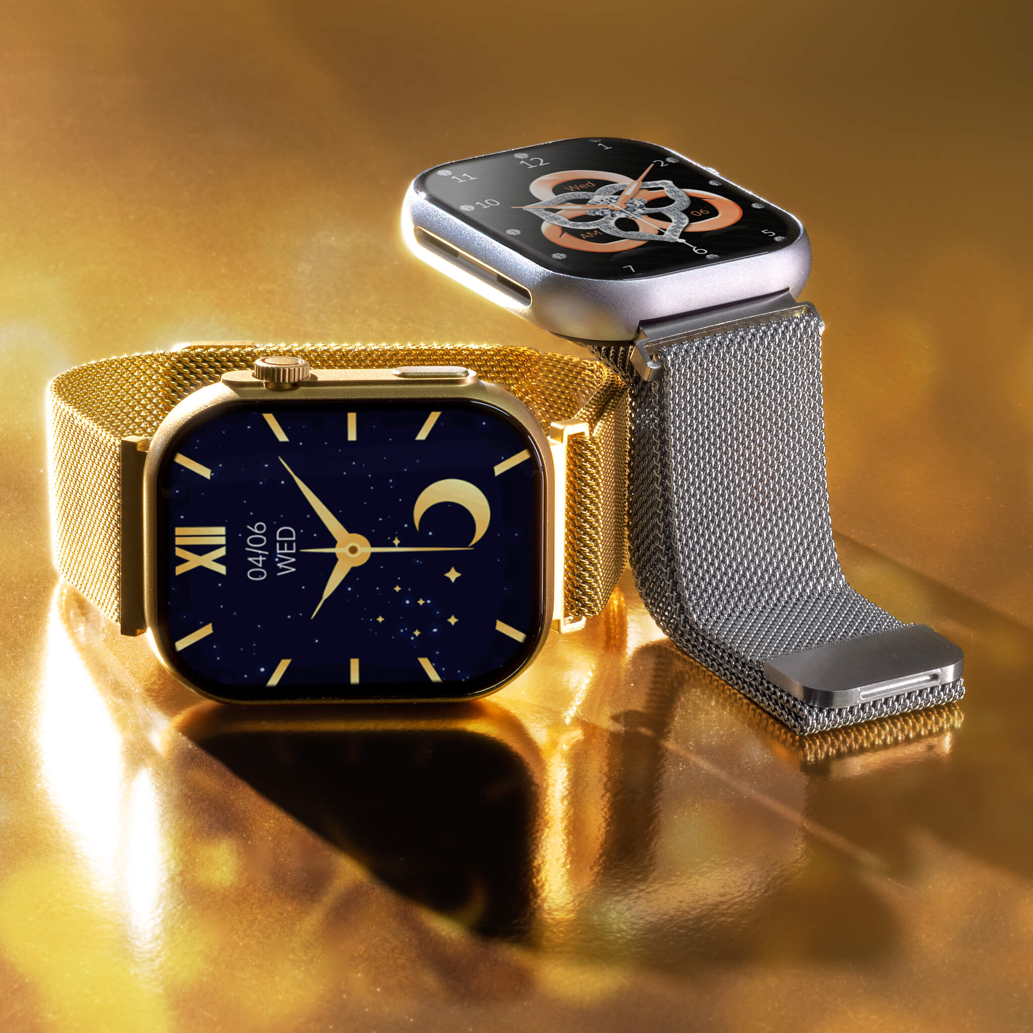 Two prime smartwatches in steel mesh bracelets in a custom gold background.