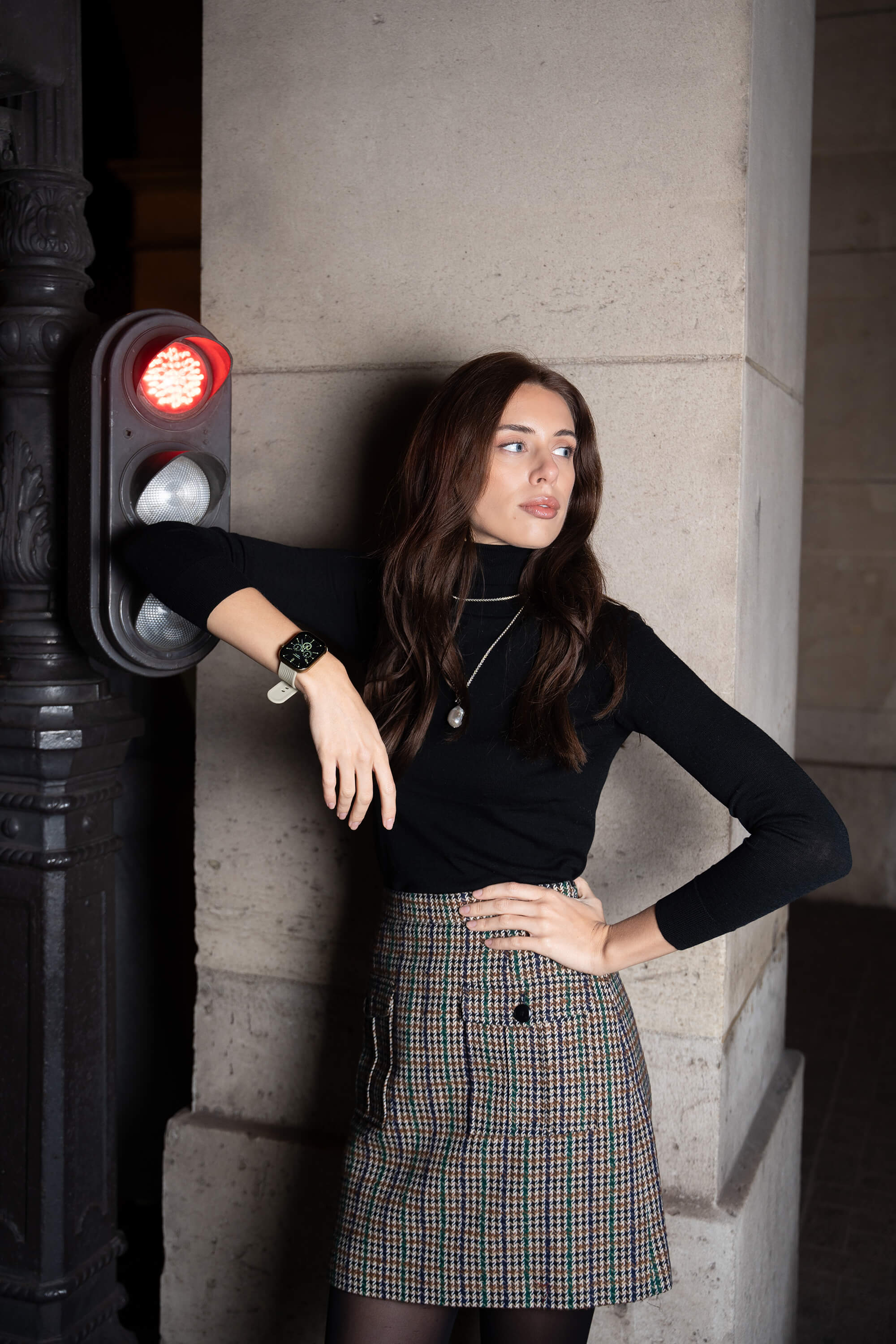 model viktoria wearing gold prime smartwatch walking the streets in paris.