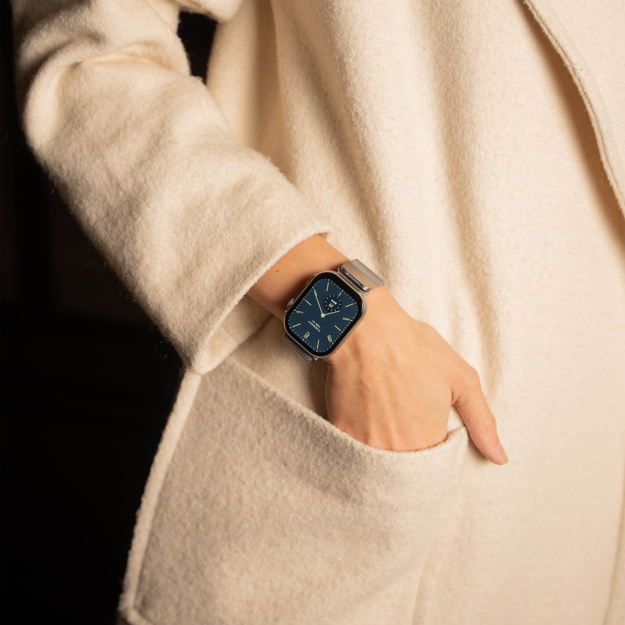 Closeup of Model Viktoria's wrist wearing silver steel mesh bracelet.