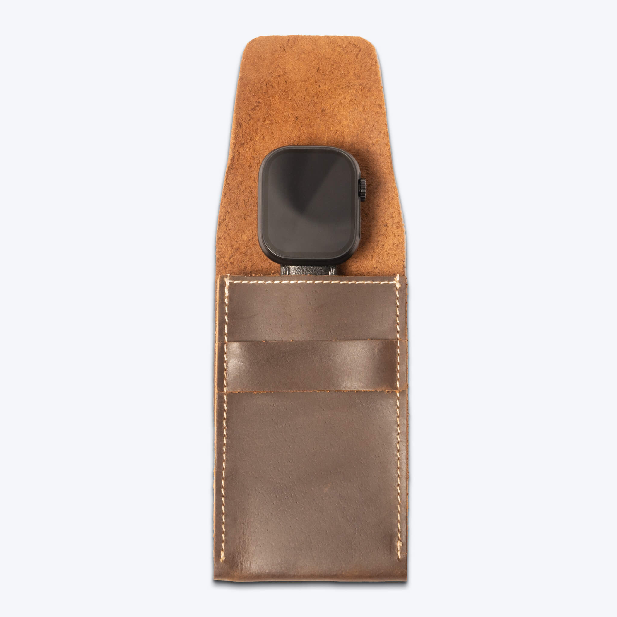 leather watch pouch with lynx smartwatch in it.